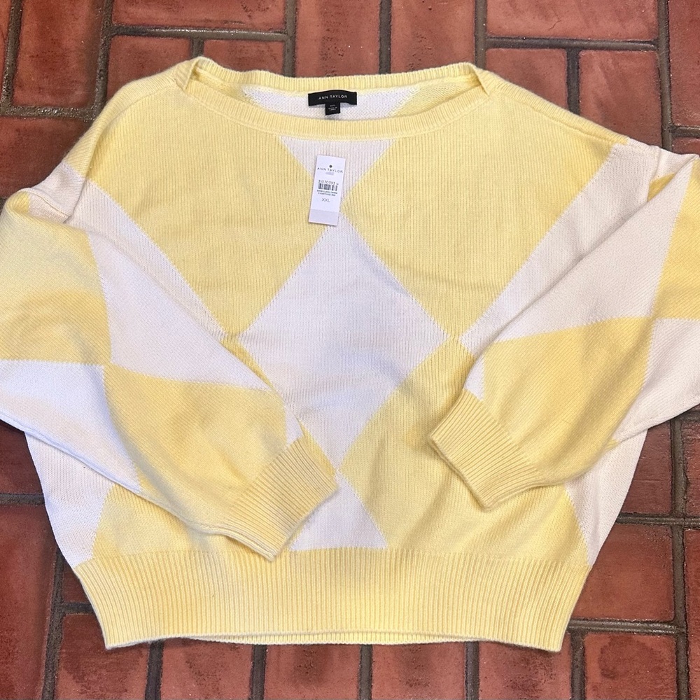 Ann Taylor Womens XXL Sweater Pullover Yellow White Argyle Knit Stretch